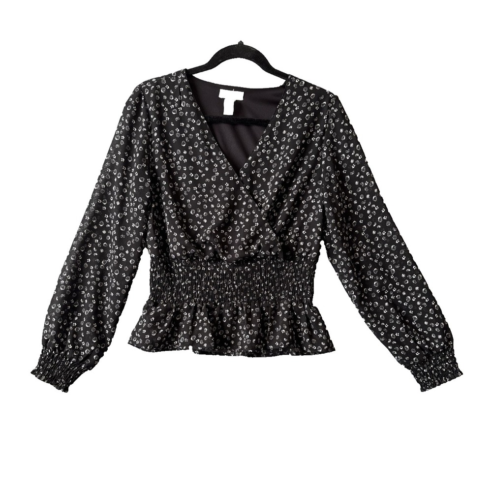 Japna Black Ditsy Floral Smocked Waist Faux Wrap Peplum Top S Boho Cottagecore